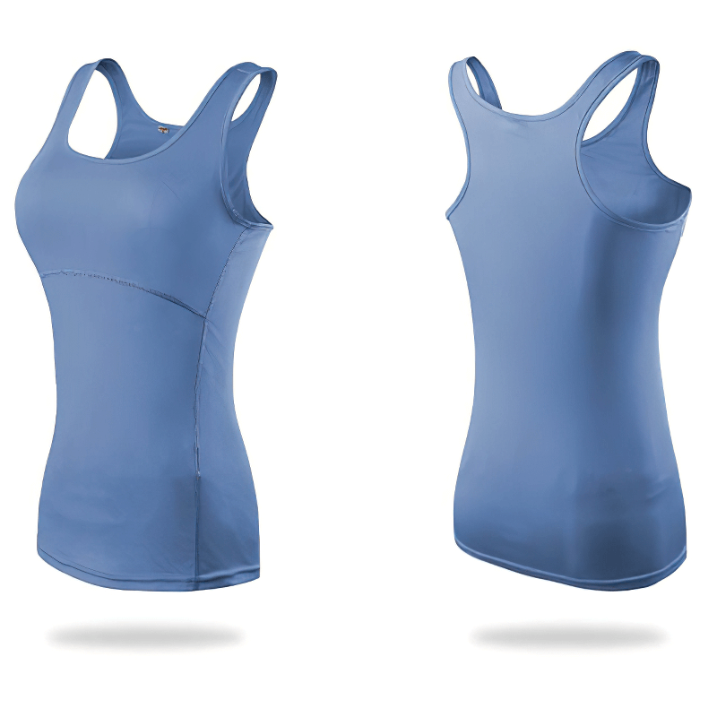 Blue female slim tank top, elastic and breathable, perfect for yoga or gym workouts, shown from front and back.